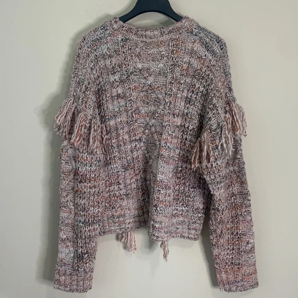 Joie Meghan Cable Knit Fringe Rose Sweater Boho Wool Blend Women XL Pullover top
